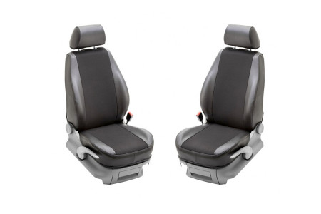 Housses deux sièges pour VW Crafter depuis 2017. Siège ergoConfort conducteur et siège confort passager, compatible avec accoudoir et soutien lombaire