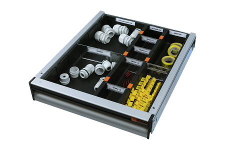 Ladeverdeler met 9 vakken voor een lade van 350 mm breed, 70 mm hoog